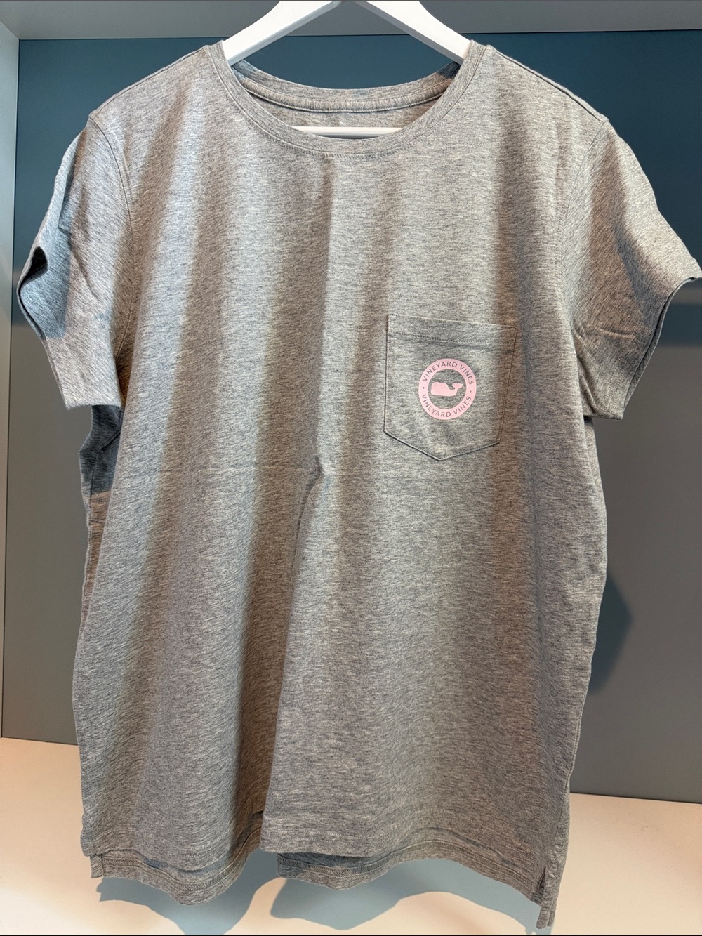 Vineyard Vines T-shirt. Grey w/pink whale logo. Two sided. Large. Brand new !